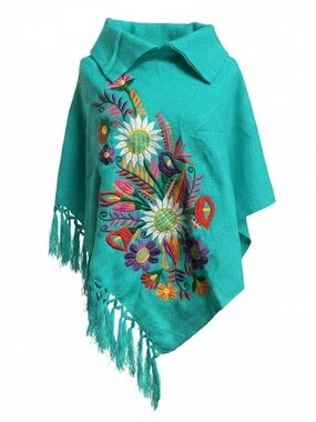 Teal Floral Embroidered Poncho with Fringe Fiesta Mexicana One Size
